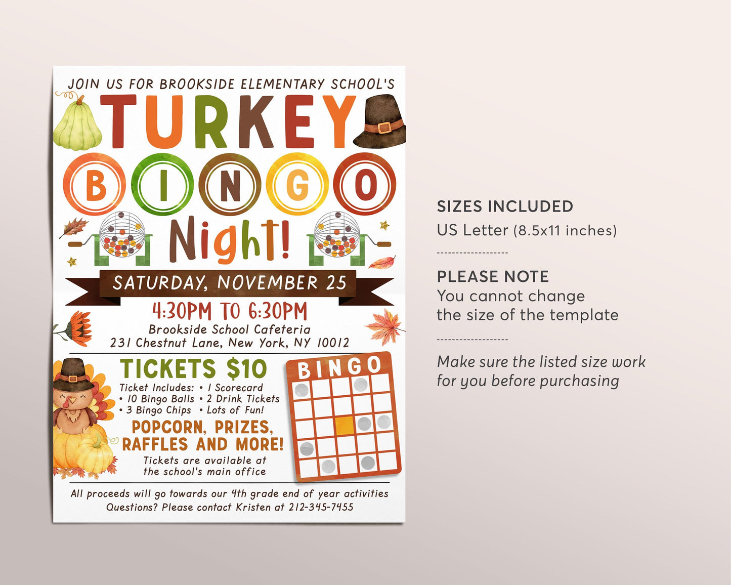 Turkey Bingo Night Fundraiser Flyer Editable Template, Thanksgiving Bingo Flyer Game Night Event Invite, Fall PTA PTO School Classroom