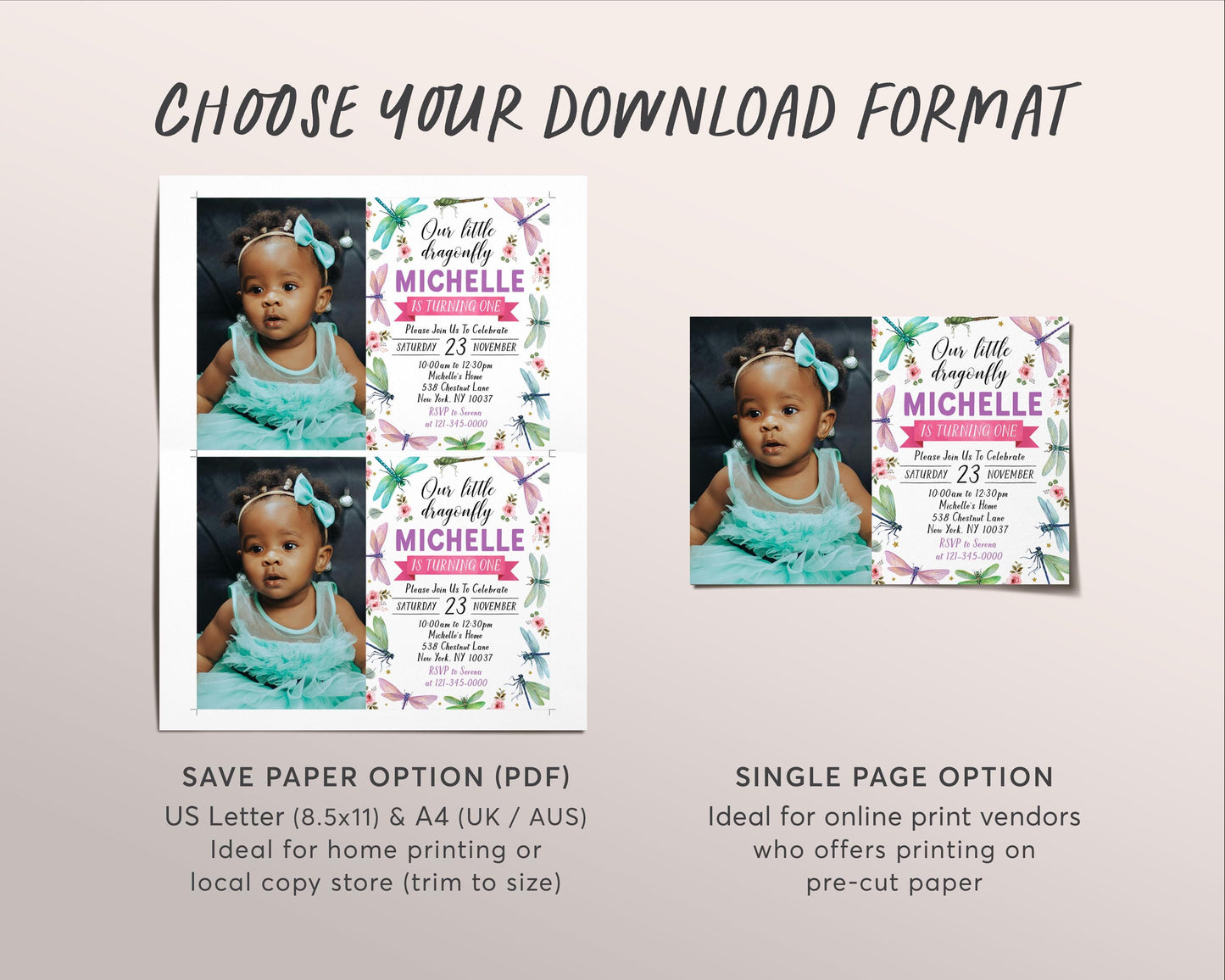 Dragonfly Birthday Invitation With Photo Editable Template, Girl Little Dragonfly Floral Party Invite, Garden Party Bug Insects Nature Evite