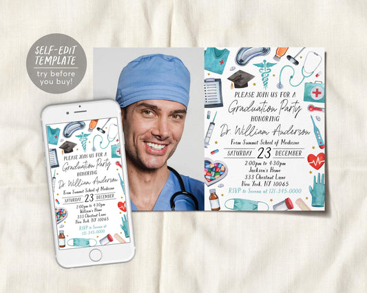 Doctor Graduation Invitation With Photo Editable Template
