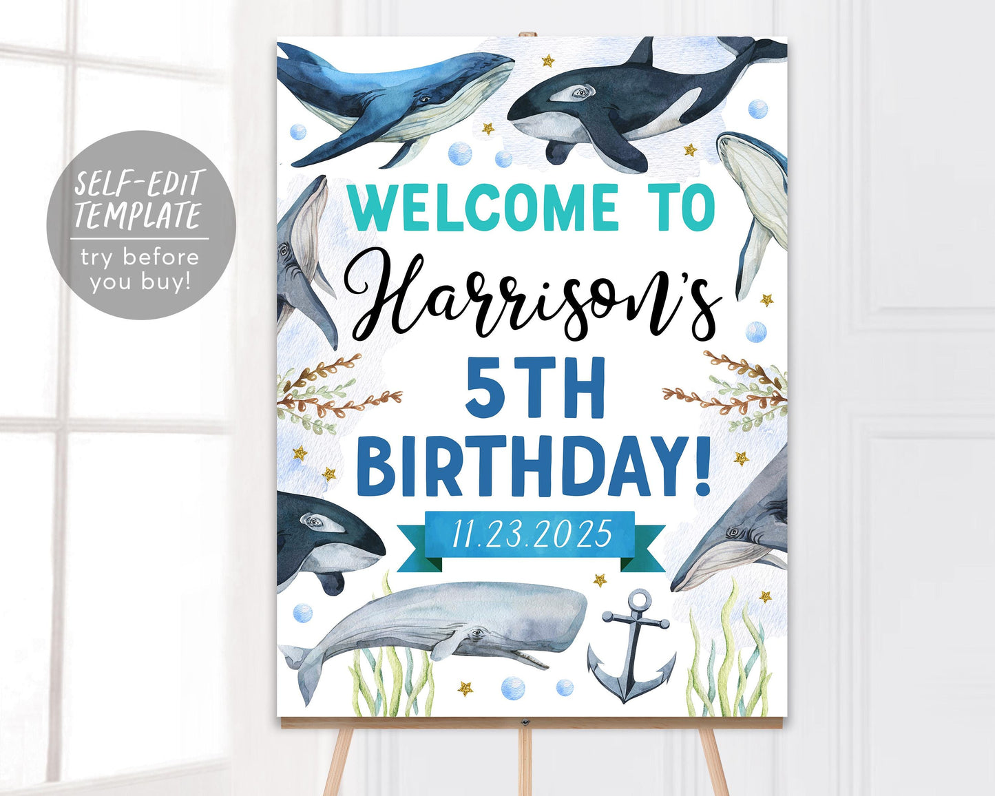 Whale Birthday Welcome Sign Editable Template