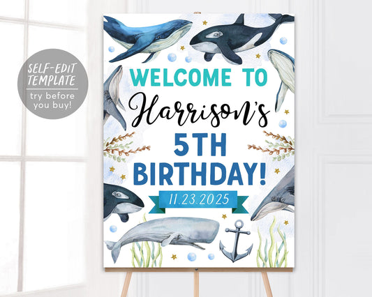 Whale Birthday Welcome Sign Editable Template