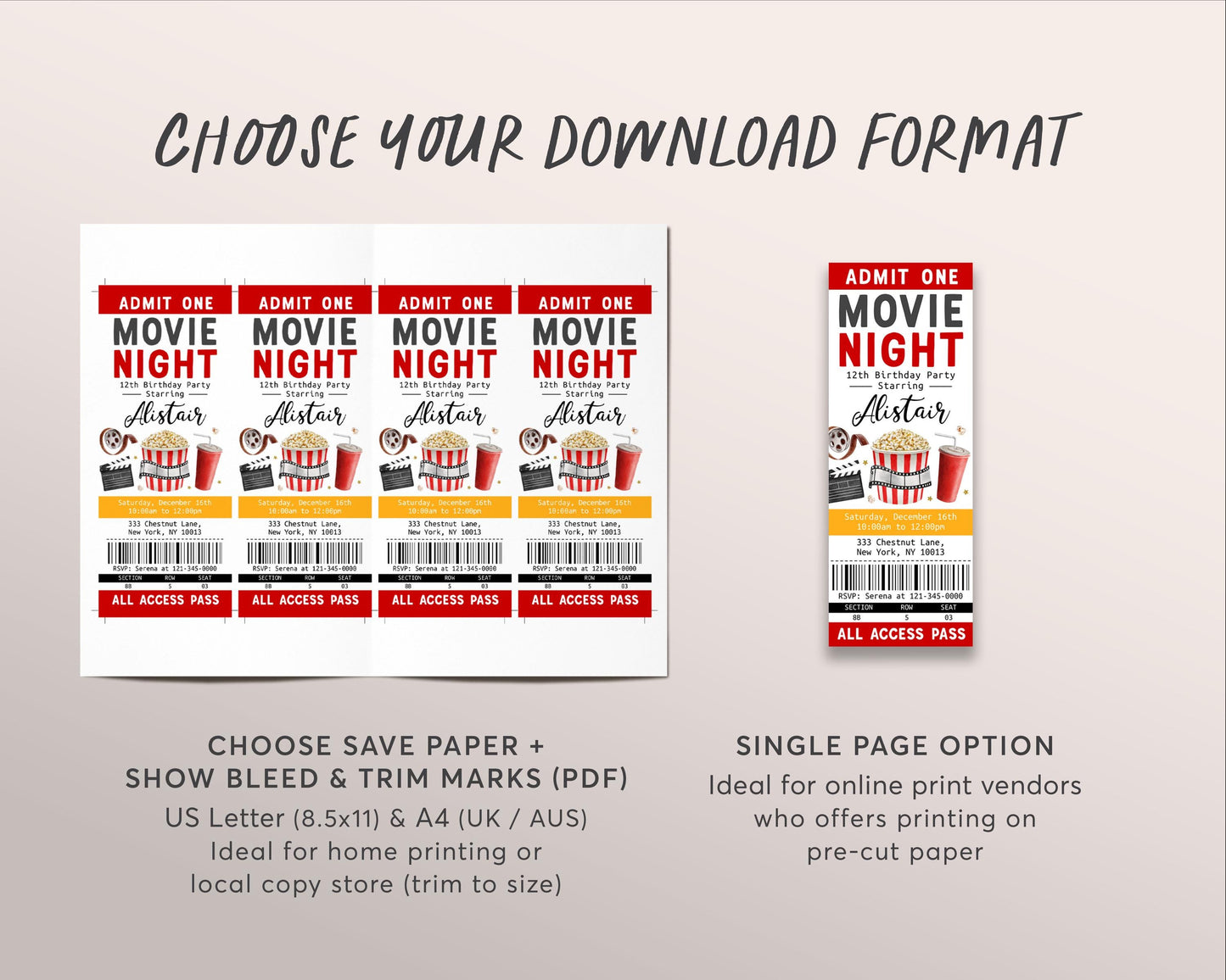 Movie Birthday Ticket Invitation Editable Template, Cinema Movie Ticket Stub Party Evite, Backyard Movie Night Popcorn And Movies Unisex