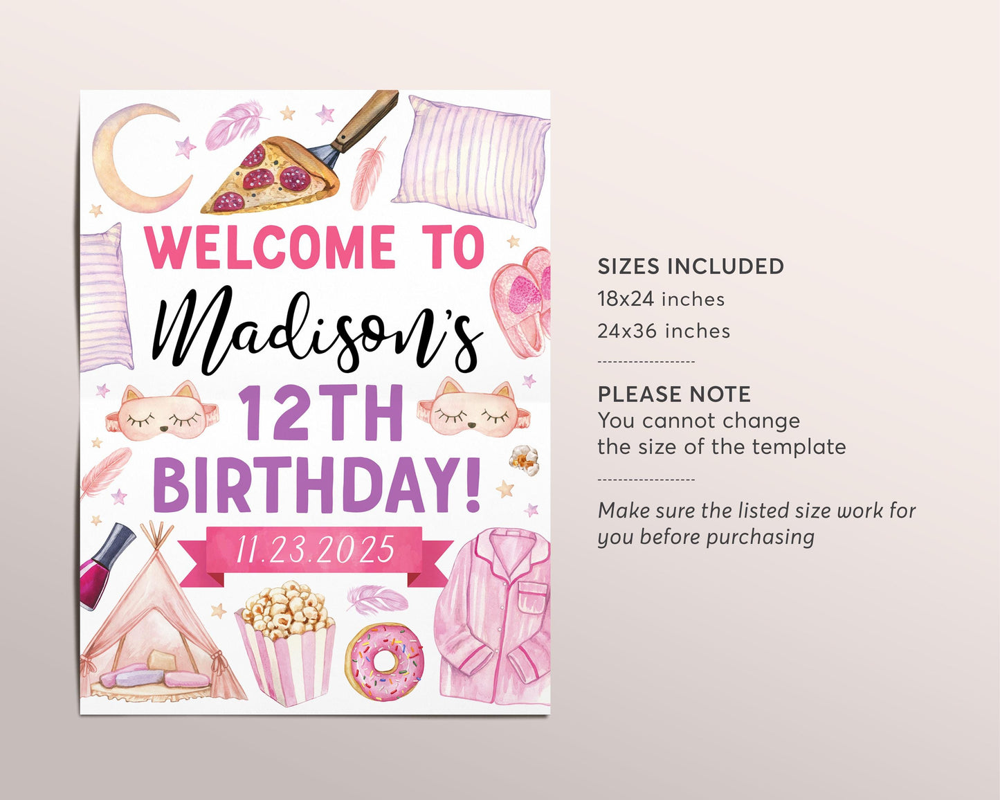 Sleepover Birthday Party Welcome Sign Editable Template, Girl Slumber Party Poster, Tween Teen Pajamas Mani Pedi Popcorn Sleep Over Banner