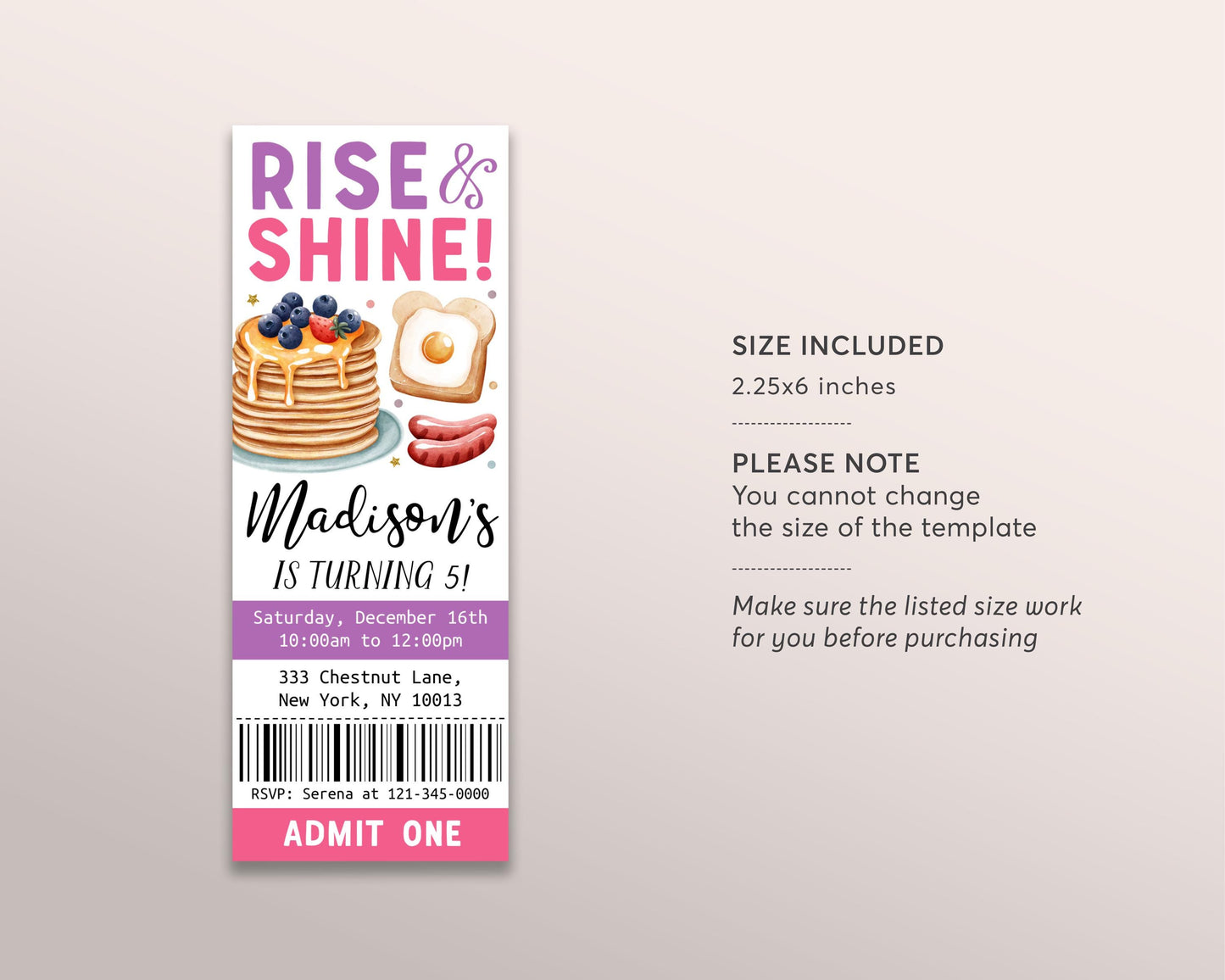 Breakfast Brunch Birthday Ticket Invitation Editable Template, Kids Girl Rise and Shine Party Evite, Pancakes And Pajamas Ticket Printable