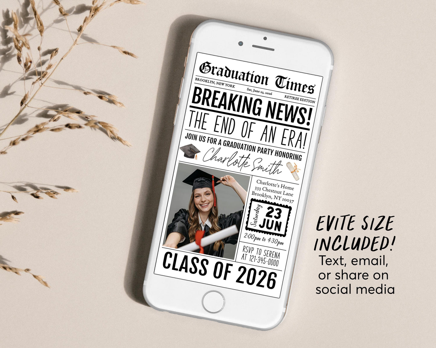 Graduation Newspaper Invitation Editable Template, Senior Graduation Announcement Party Invite for Him Her, Grad College High School Evite