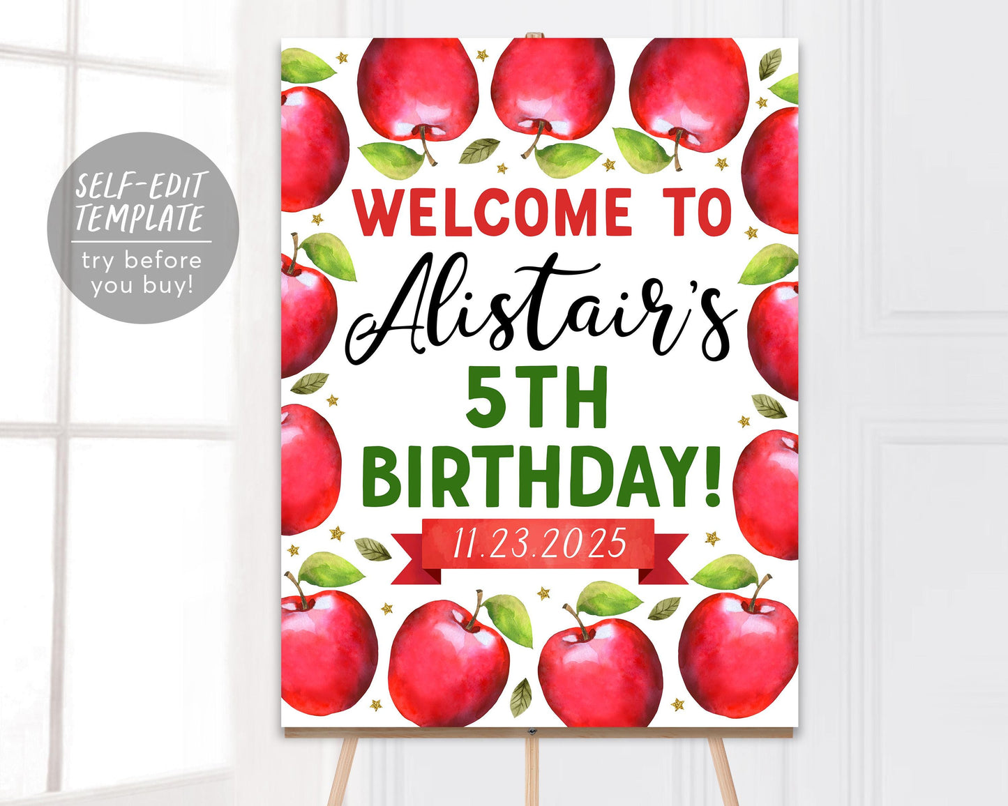 Apple Birthday Welcome Sign Editable Template