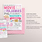 Movie and Pajamas Birthday Invitation Editable Template, Girl Slumber Party Popcorn Cinema Movie Ticket Invite, Sleepover Kids Party Evite