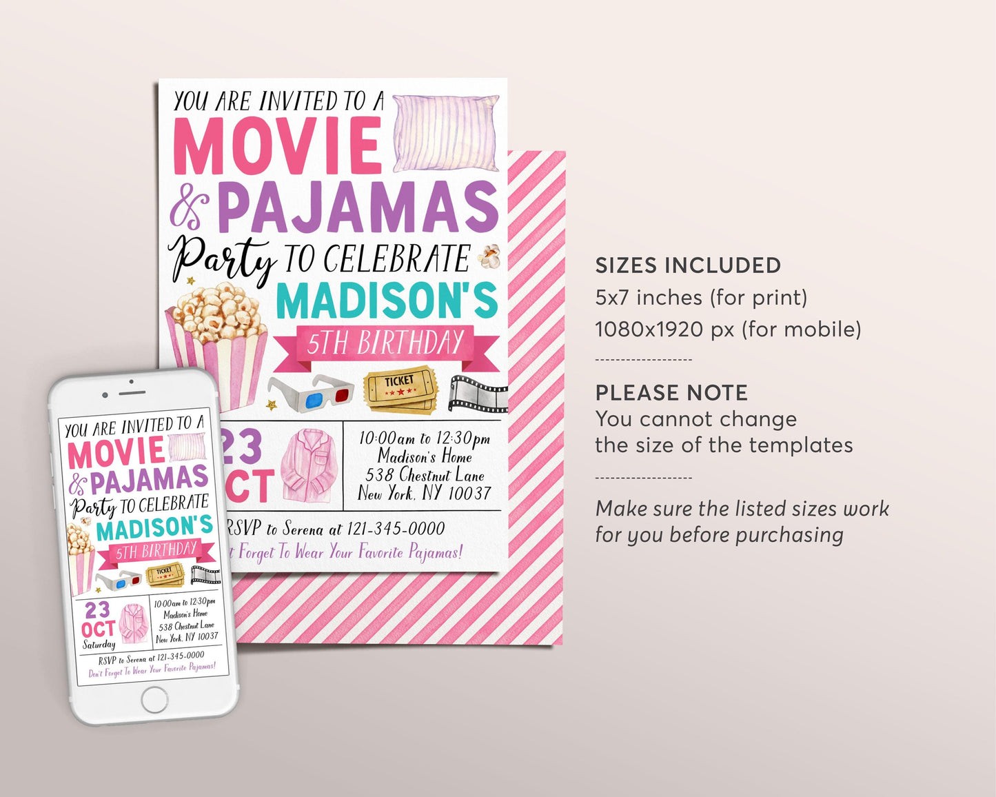 Movie and Pajamas Birthday Invitation Editable Template, Girl Slumber Party Popcorn Cinema Movie Ticket Invite, Sleepover Kids Party Evite