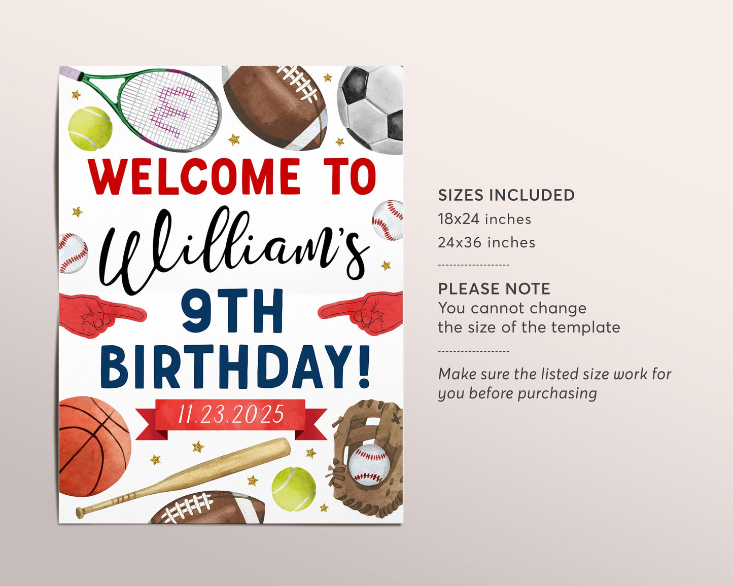 Sports Birthday Welcome Sign Editable Template, Multi Sports Baseball Football Basketball Soccer Tennis Party Poster, It's Game Time Poster