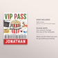 Christmas Movie Night VIP Pass Editable Template, Birthday Popcorn Movie Party All Access Pass, Xmas Holiday Name Insert ID Badge Lanyard