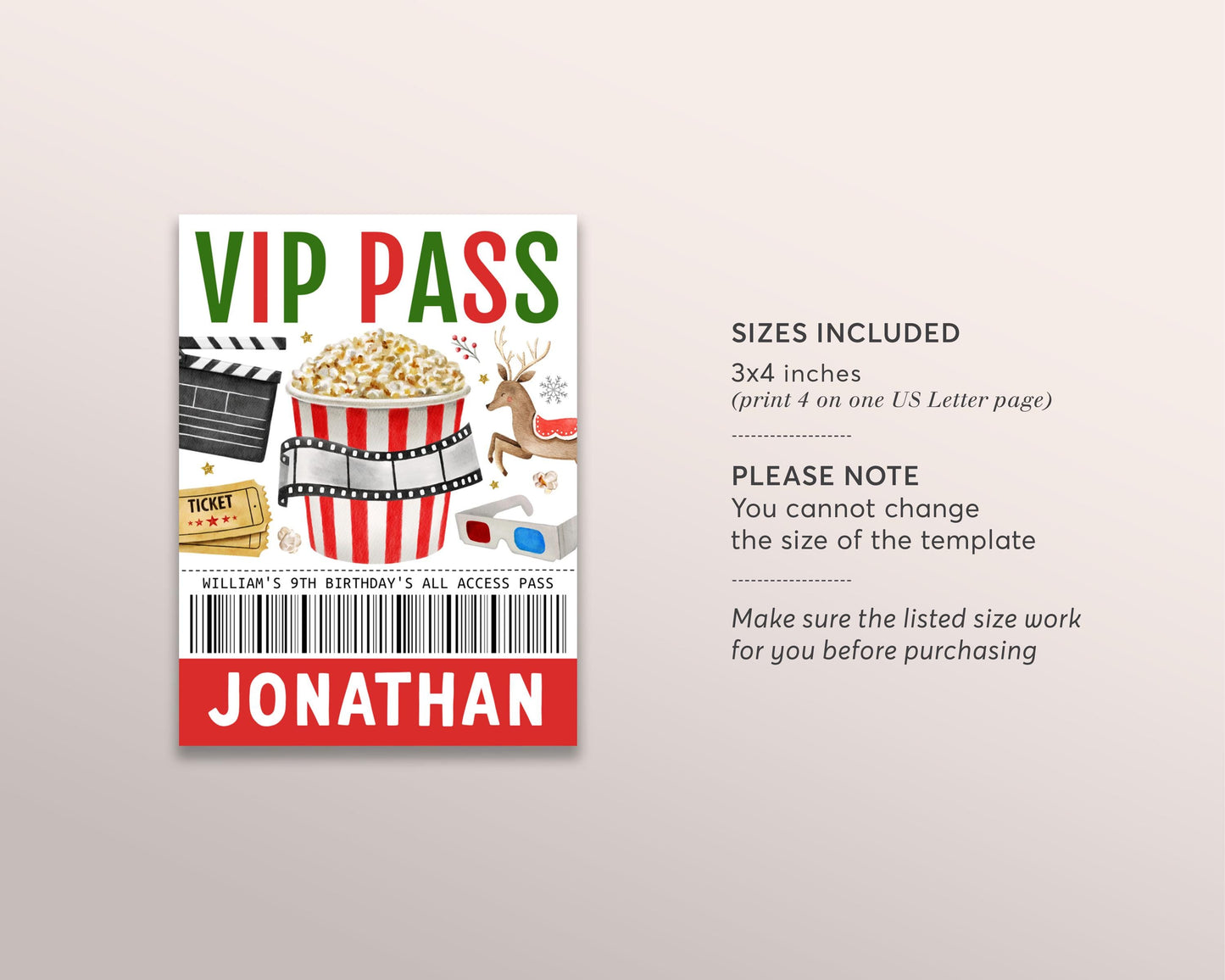 Christmas Movie Night VIP Pass Editable Template, Birthday Popcorn Movie Party All Access Pass, Xmas Holiday Name Insert ID Badge Lanyard