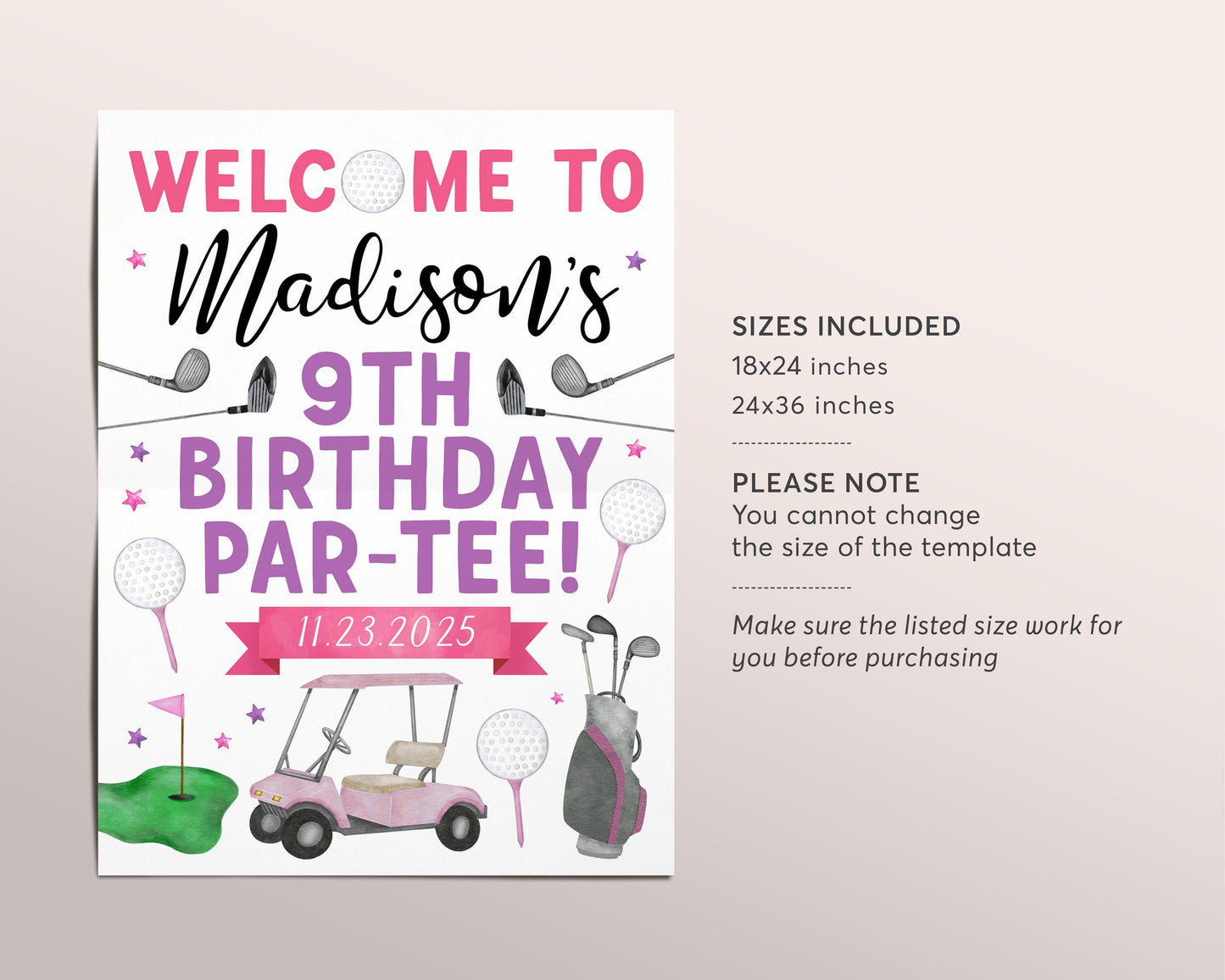 Golf Birthday Welcome Sign Editable Template, Girl Let's Par Tee Golf Ball Birthday Party Poster, Sports Mini Golf Course Tournament Poster