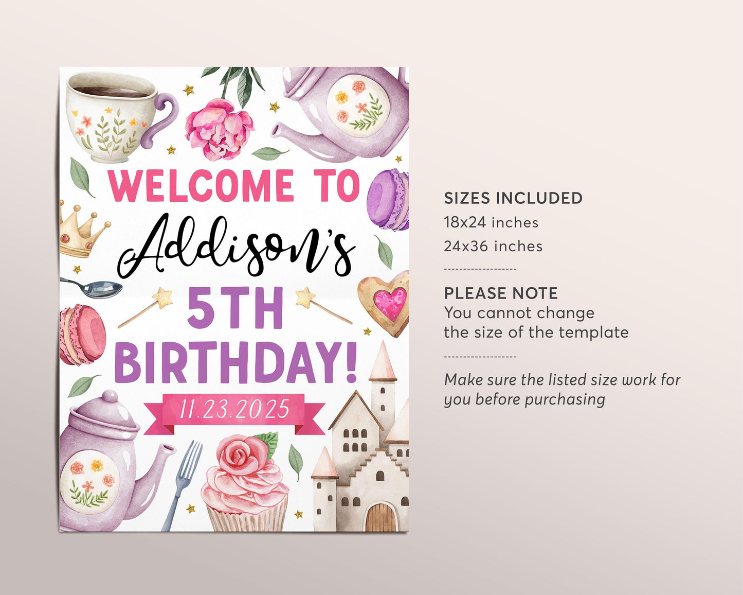 Princess Tea Party Birthday Welcome Sign Editable Template, Lets Par-Tea High Tea Garden Party Poster, Castle Magic Wand Afternoon Tea Decor