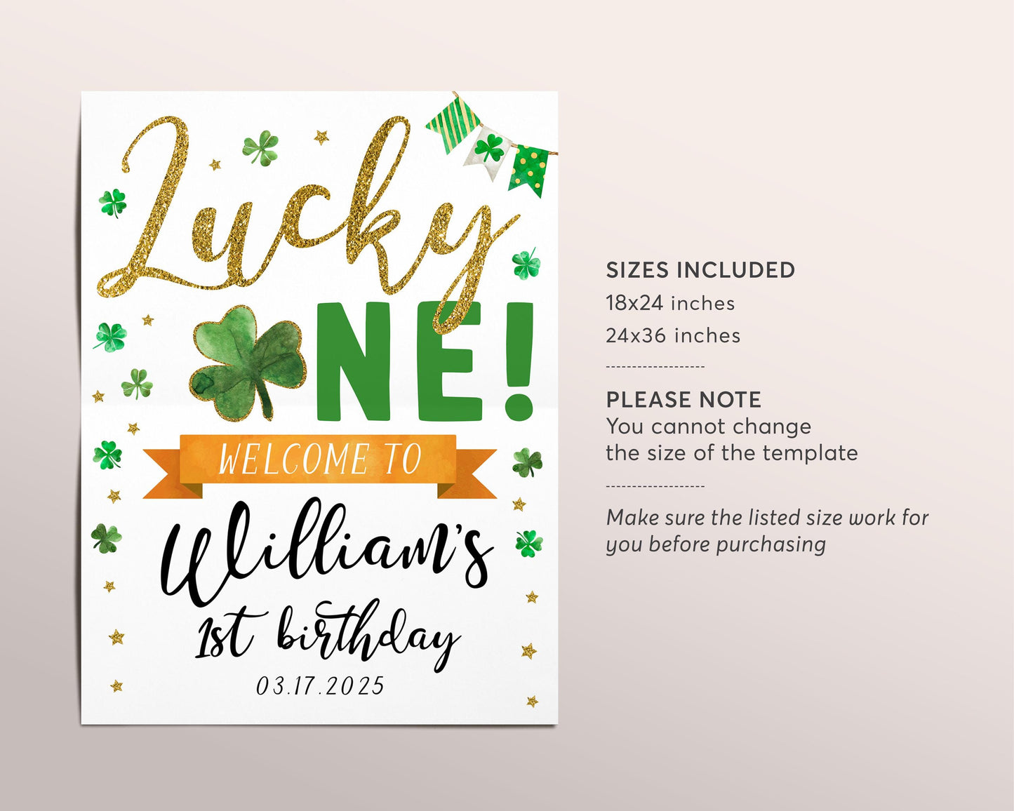 Lucky One Birthday Welcome Sign Editable Template, St Patrick's Day Shamrock First Birthday Party Poster, St Patty's Day Lucky Charm Sign