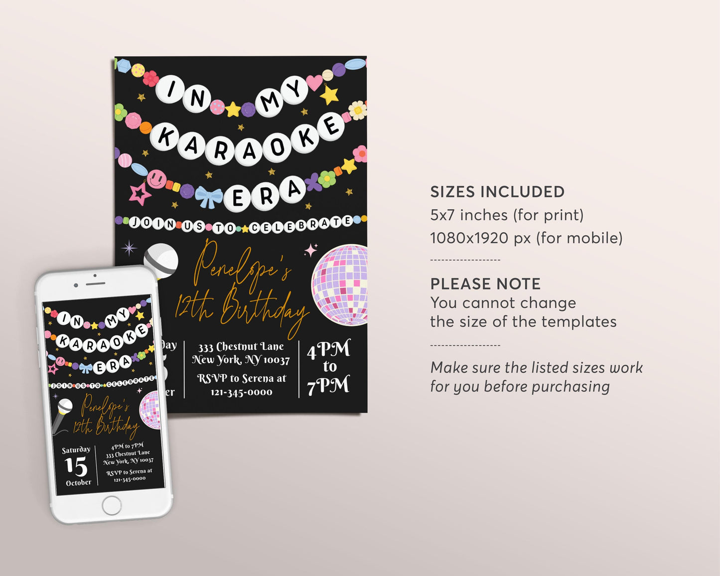 In My Karaoke Era Invitation Editable Template, Friendship Bracelet Party Invite, Birthday Girl Eras Singing Music Black Gold Party Evite