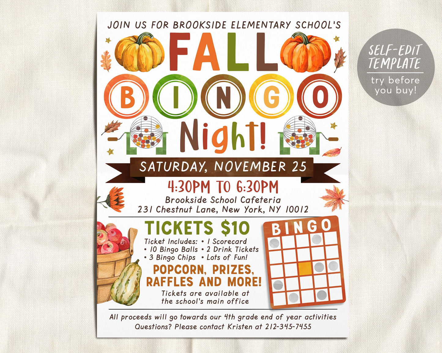 Fall Bingo Night Fundraiser Flyer Editable Template
