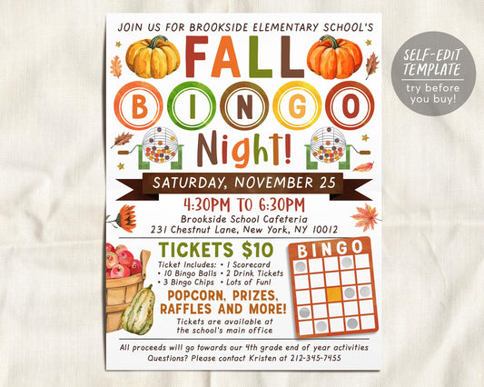 Fall Bingo Night Fundraiser Flyer Editable Template