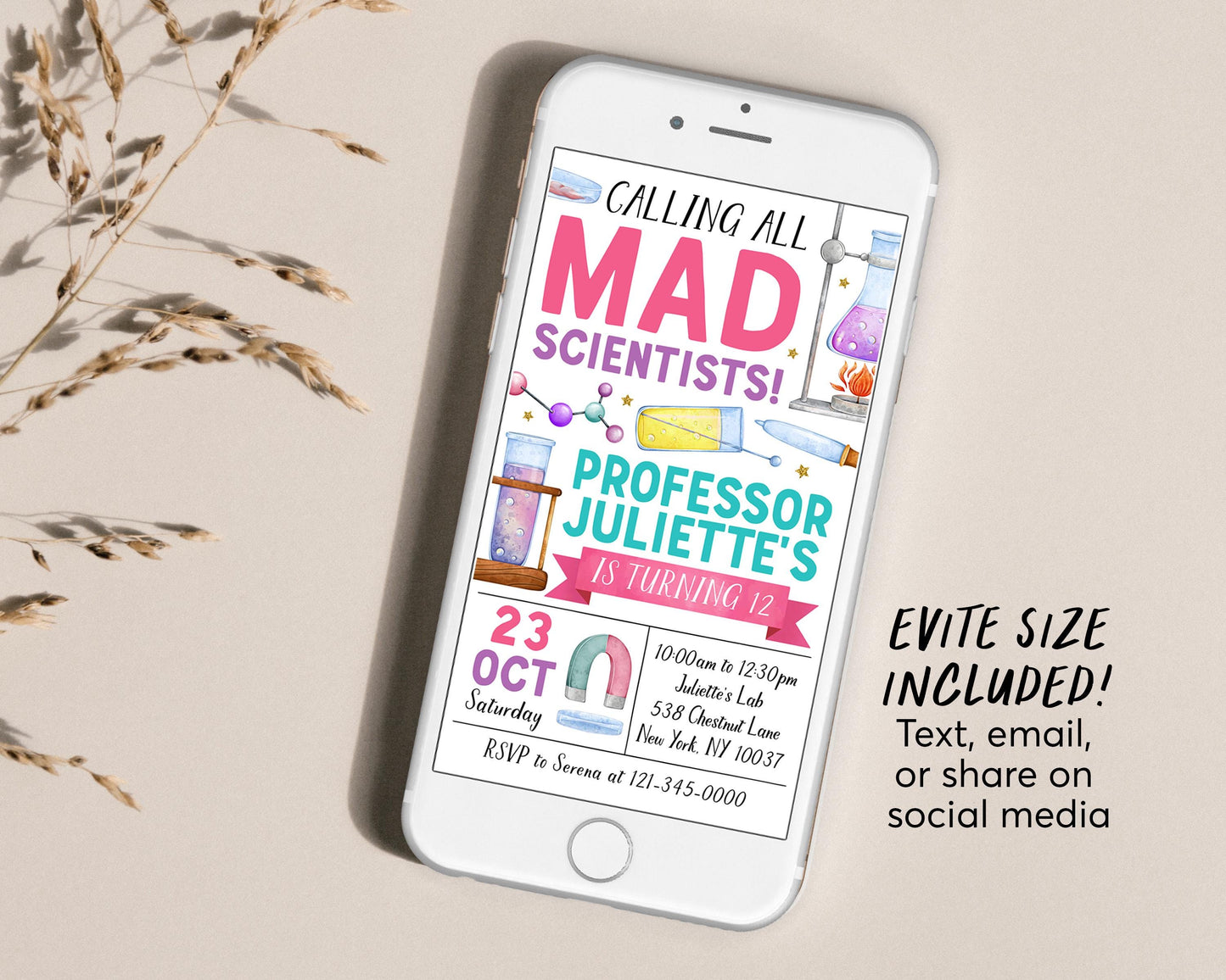 Science Birthday Invitation With Photo Editable Template, Girl Mad Scientists Party Invite, Professor Experiment Science Lab Party Evite