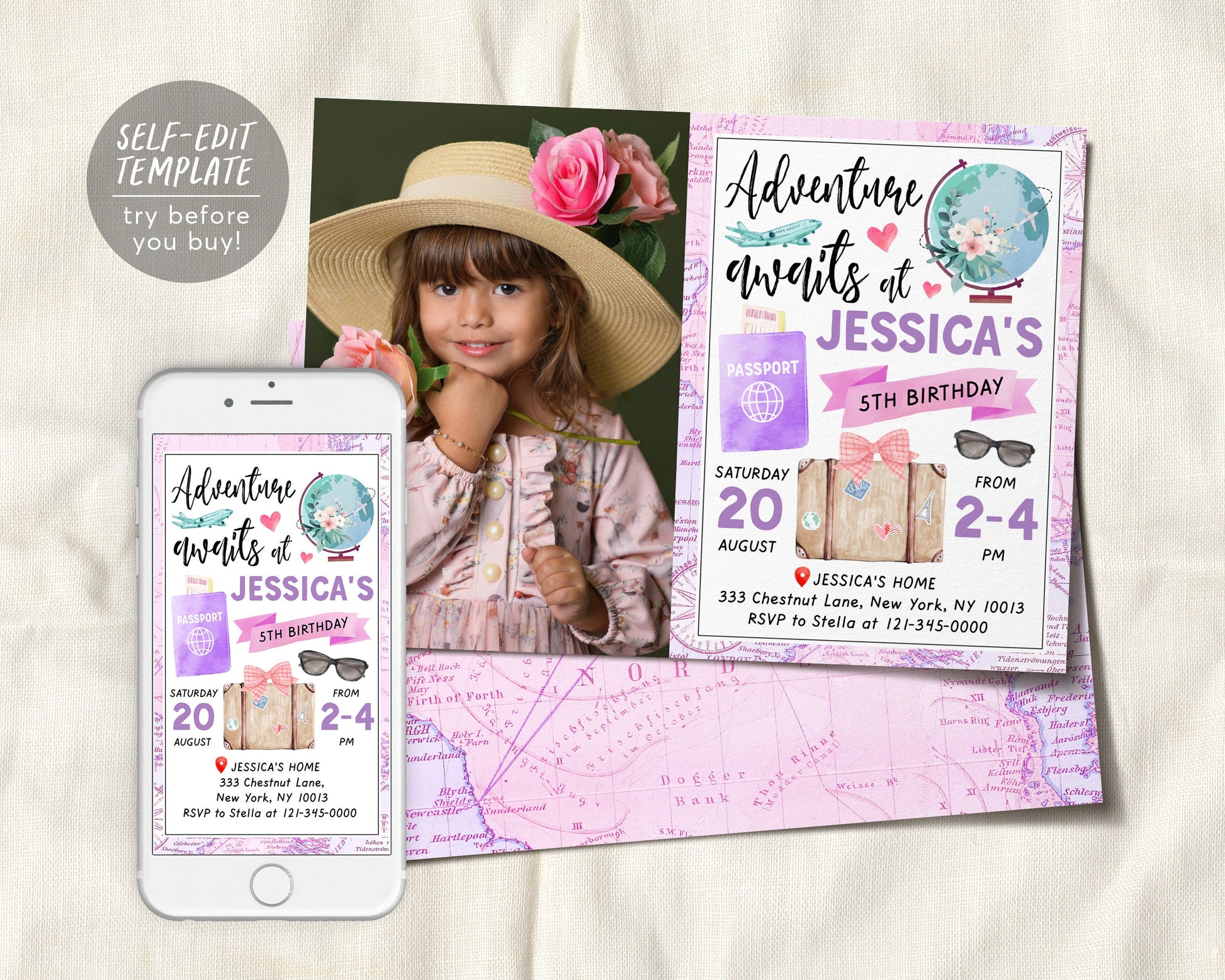 Adventure Awaits Travel Birthday Party Invitation With Photo Editable Template
