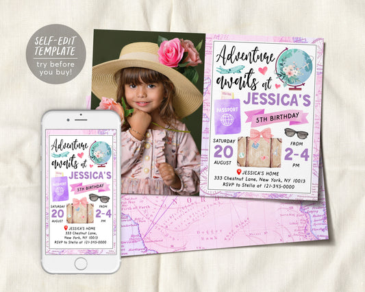 Adventure Awaits Travel Birthday Party Invitation With Photo Editable Template