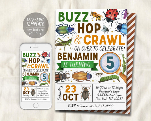 Insect Bugs Birthday Invitation Editable Template