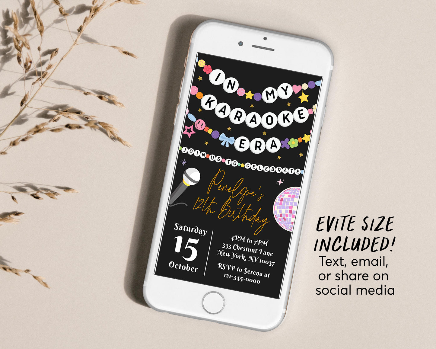 In My Karaoke Era Invitation Editable Template, Friendship Bracelet Party Invite, Birthday Girl Eras Singing Music Black Gold Party Evite