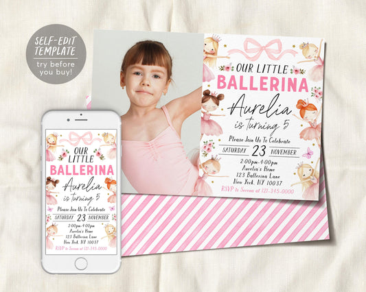 Ballerina Birthday Invitation With Photo Editable Template