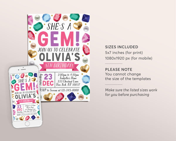 Gems Birthday Invitation Editable Template, She's A Gem Party Invite ...