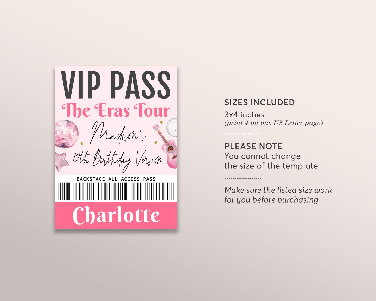 Eras Tour VIP Party Pass Editable Template, In My Birthday Era Music Party VIP Insert Badge for Lanyard, Girl All Access Pass Card Favor Bag