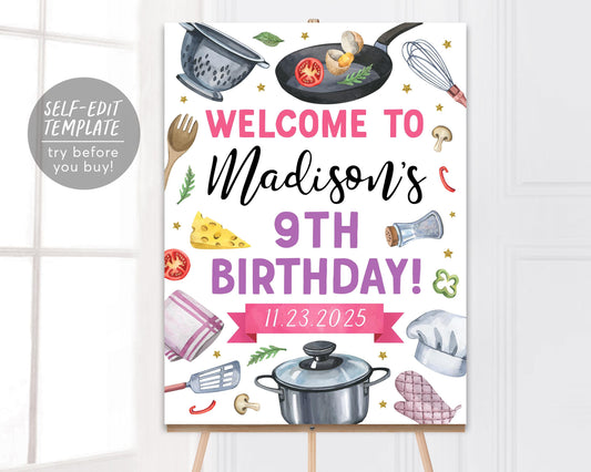 Cooking Birthday Party Welcome Sign Editable Template