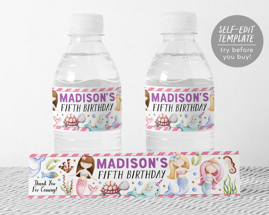 Mermaid Water Bottle Labels Editable Template