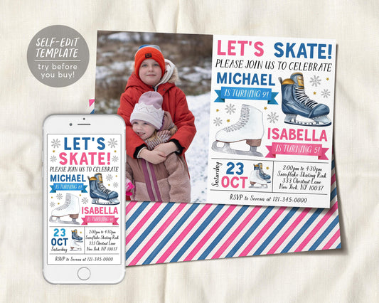 Ice Skating Joint Siblings Birthday Invitation With Photo Editable Template