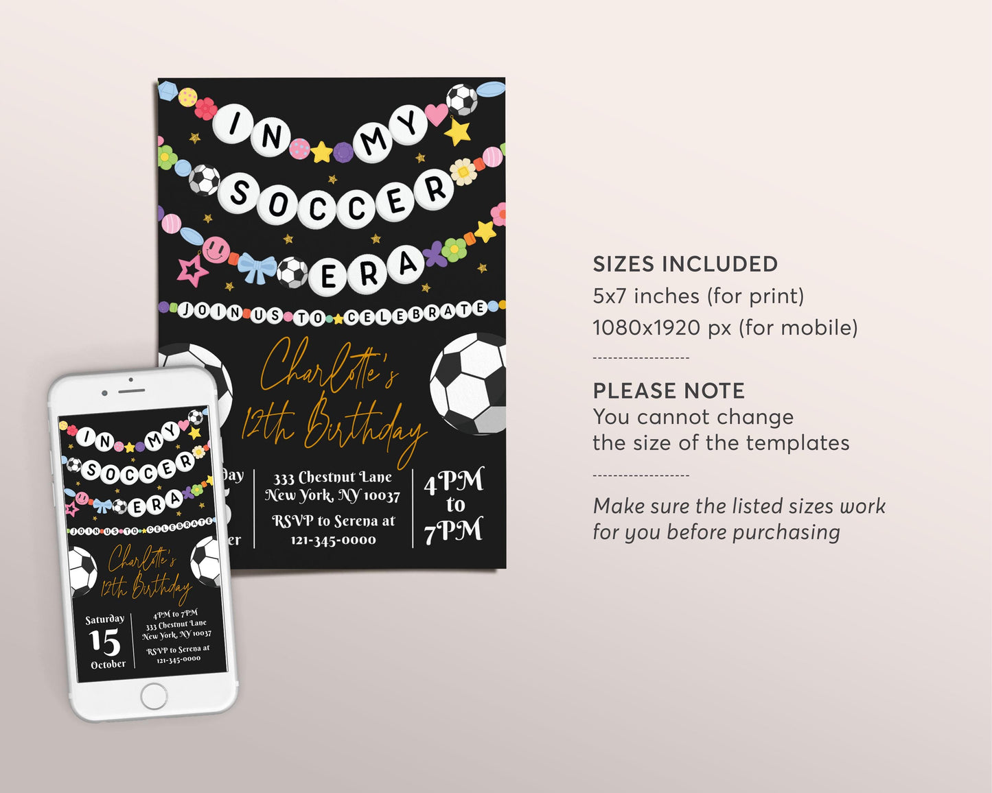 In My Soccer Era Birthday Invitation Editable Template, Soccer Friendship Bracelet Party Invite, Football Sports Game Eras Black Gold Evite