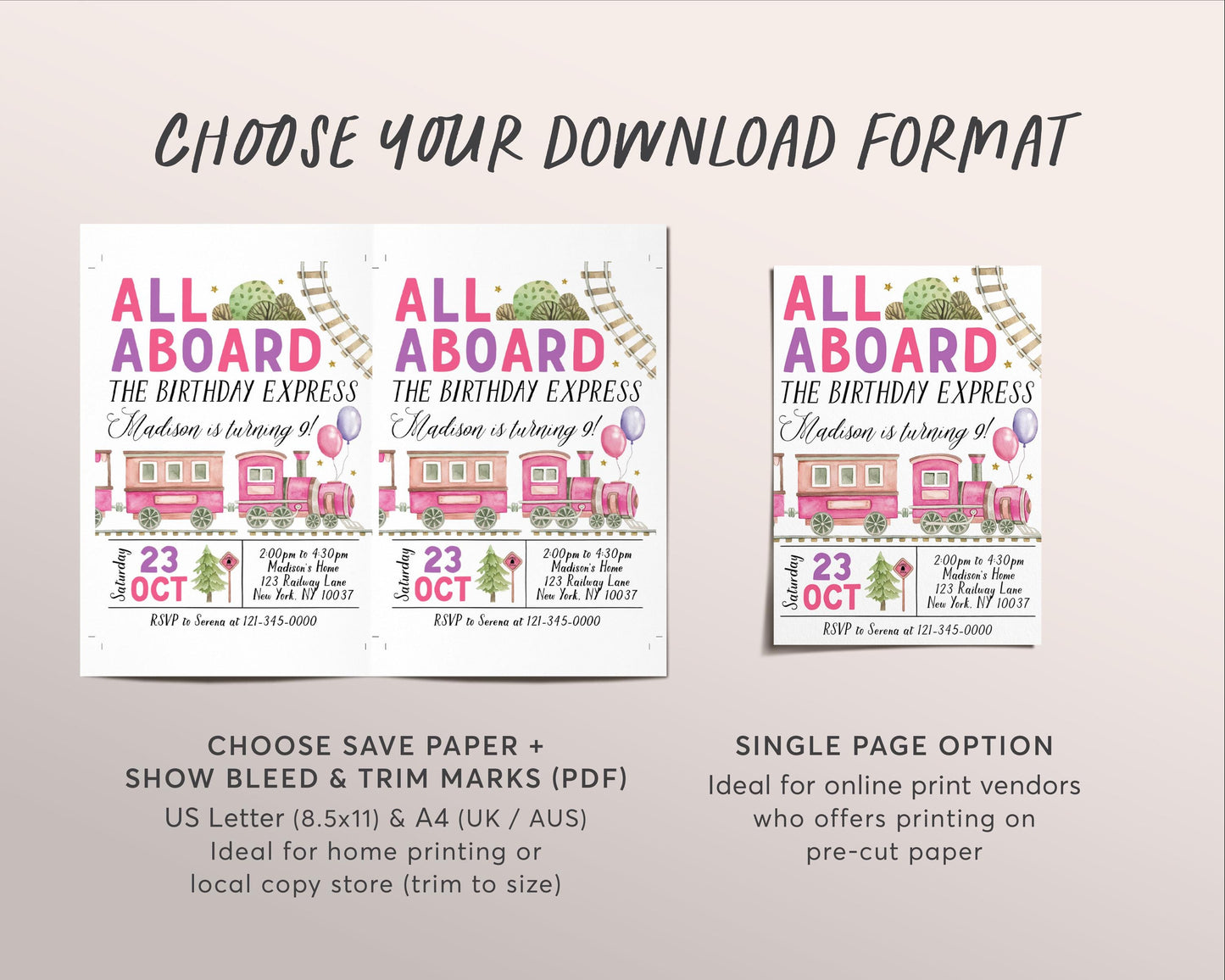 Train Birthday Invitation Editable Template, Girl Train Boarding Pass Party Invite, All Aboard The Birthday Express Admit One Travel Evite