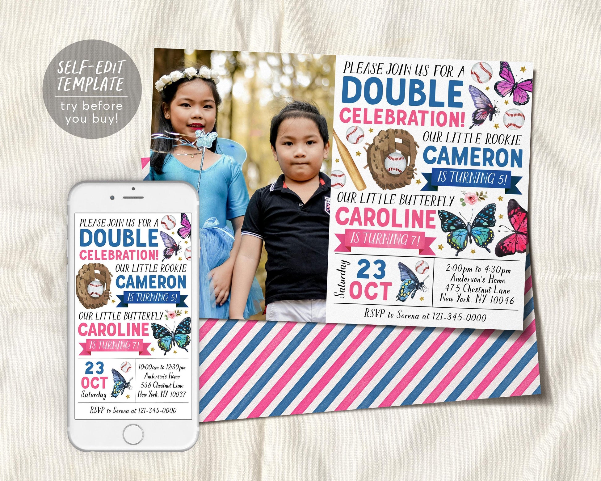 Butterfly Baseball Joint Siblings Birthday Invitation With Photo Editable Template