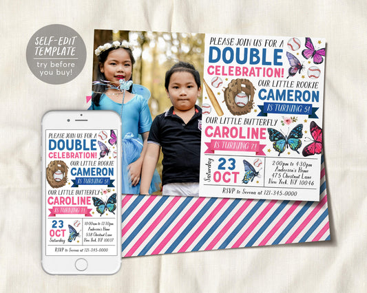Butterfly Baseball Joint Siblings Birthday Invitation With Photo Editable Template
