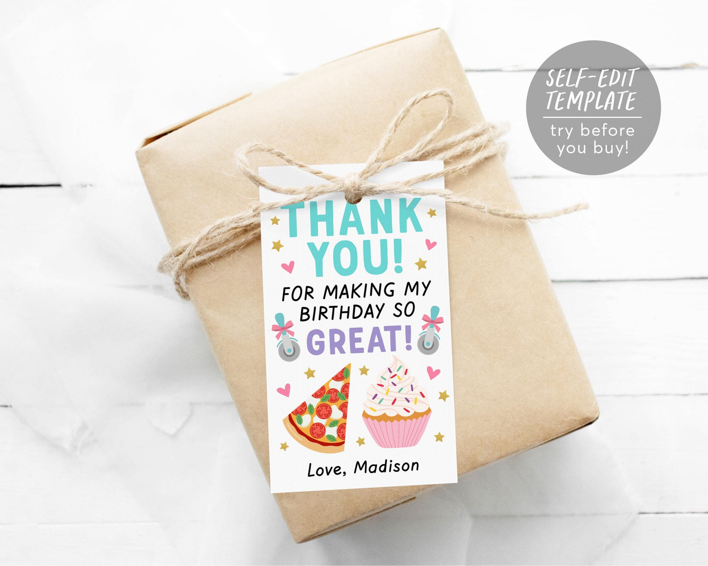 Pizza and Cupcakes Thank You Tags Editable Template