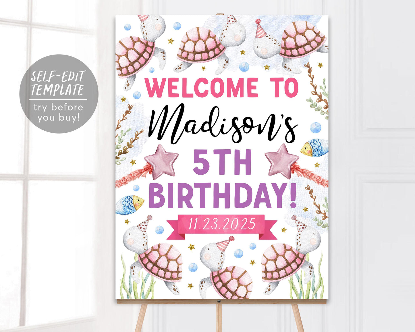 Turtle Birthday Welcome Sign Editable Template