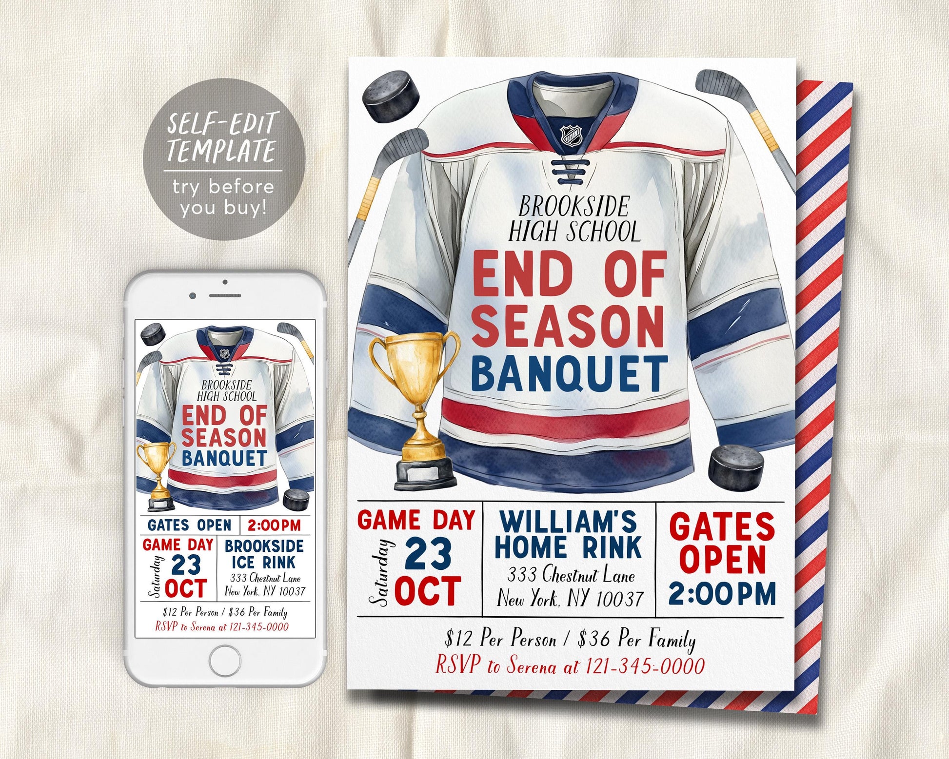 Hockey End of Season Sports Banquet Invitation Editable Template