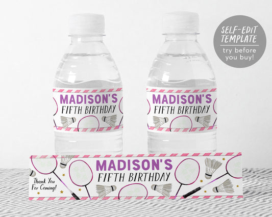 Badminton Water Bottle Labels Editable Template