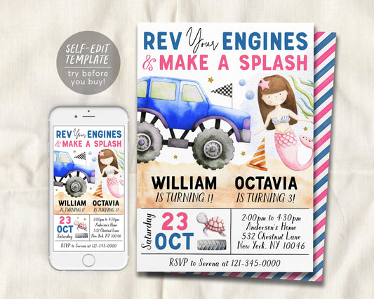 Mermaid And Monster Truck Joint Siblings Birthday Invitation Editable Template