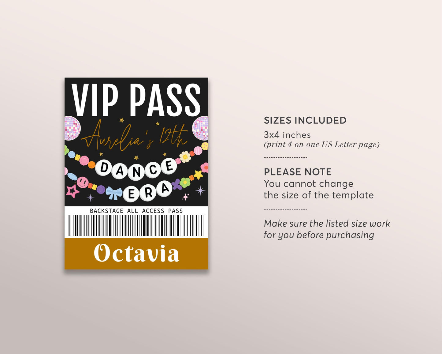 Dance Era VIP Pass Editable Template, Eras Dance Friendship Bracelet Party Music Party VIP Badge, Disco Ball Black VIP Insert for Lanyard