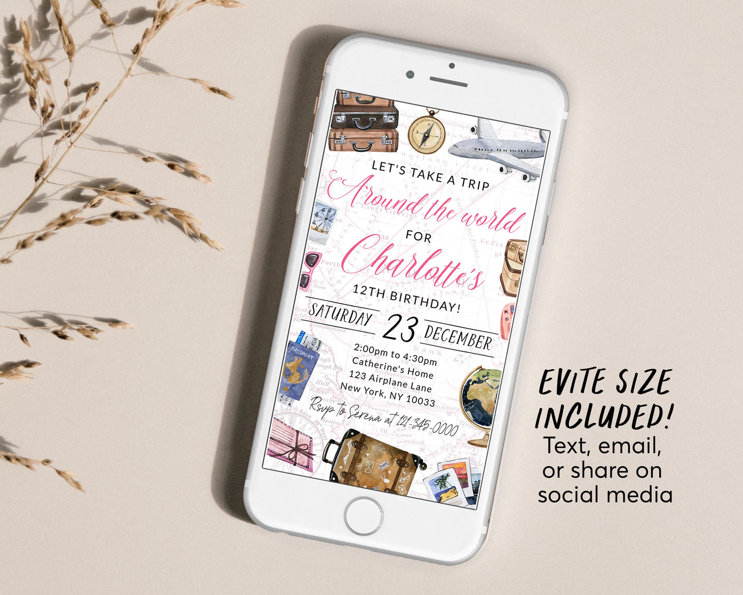 Around The World Birthday Invitation With Photo Editable Template, World Travel Party Invite, Adventure Awaits Vintage Map Airplane Evite