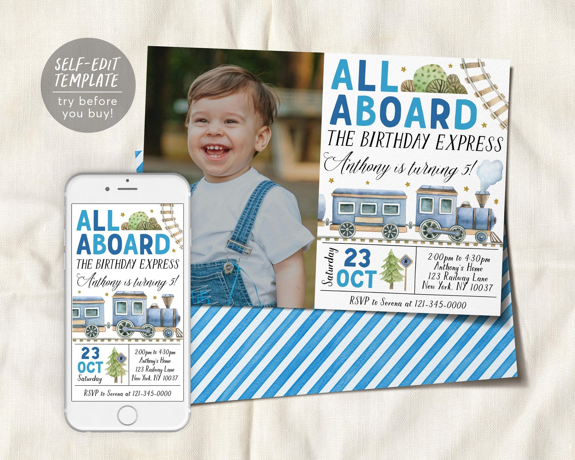 Train Birthday Invitation With Photo Editable Template
