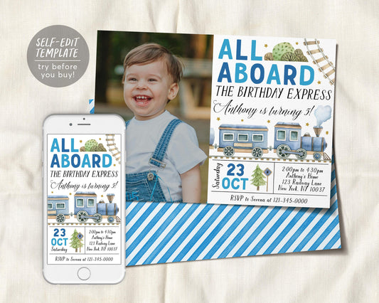Train Birthday Invitation With Photo Editable Template