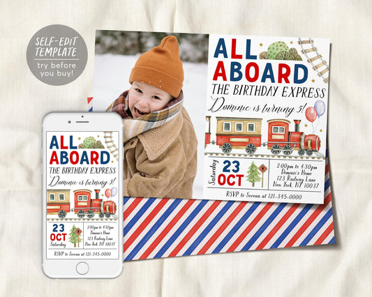 Train Birthday Invitation With Photo Editable Template