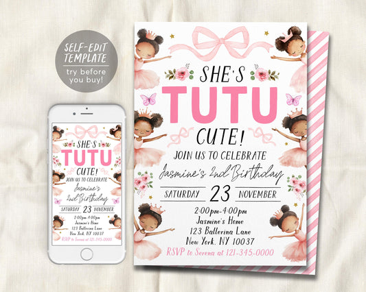 Tutu Cute 2nd Birthday Invitation Editable Template