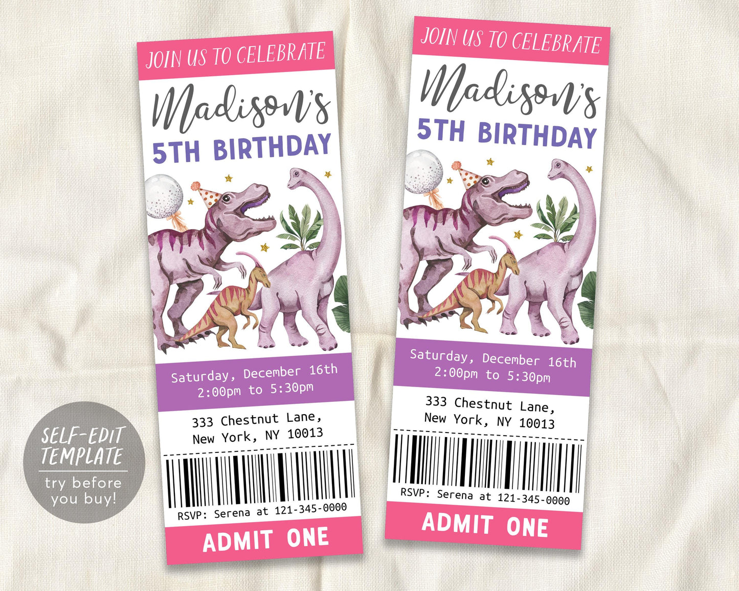 Dinosaur Birthday Ticket Invitation Editable Template