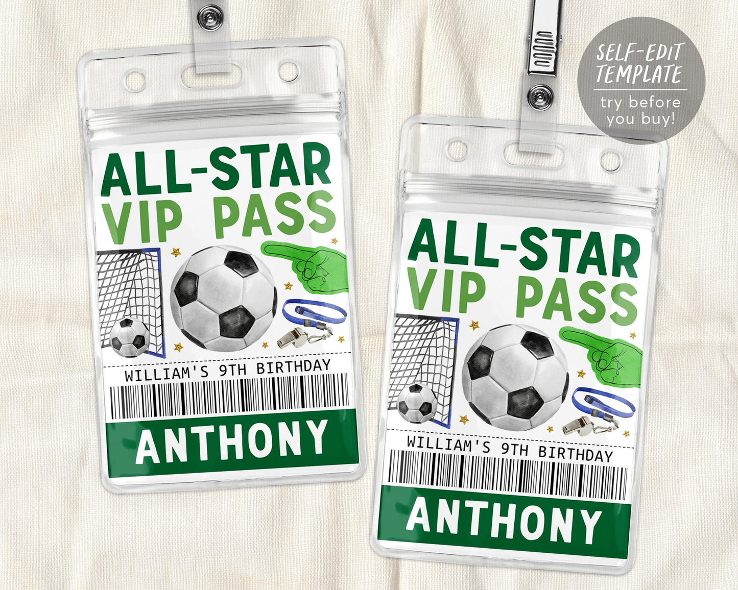 Soccer Birthday All Star VIP Pass Editable Template
