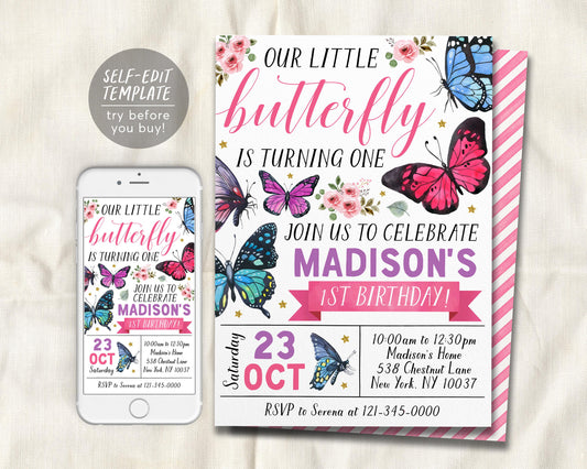 Little Butterfly Birthday Invitation Editable Template
